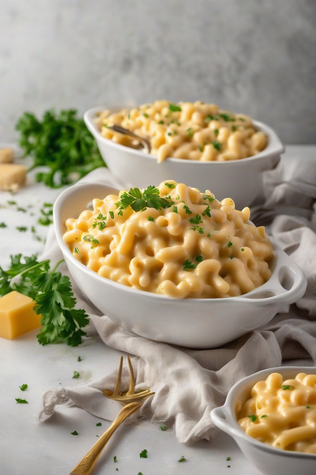 A high-resolution photo of classic creamy crockpot mac and cheese, golden and bubbly in a white bowl, garnished with parsley under soft lighting.