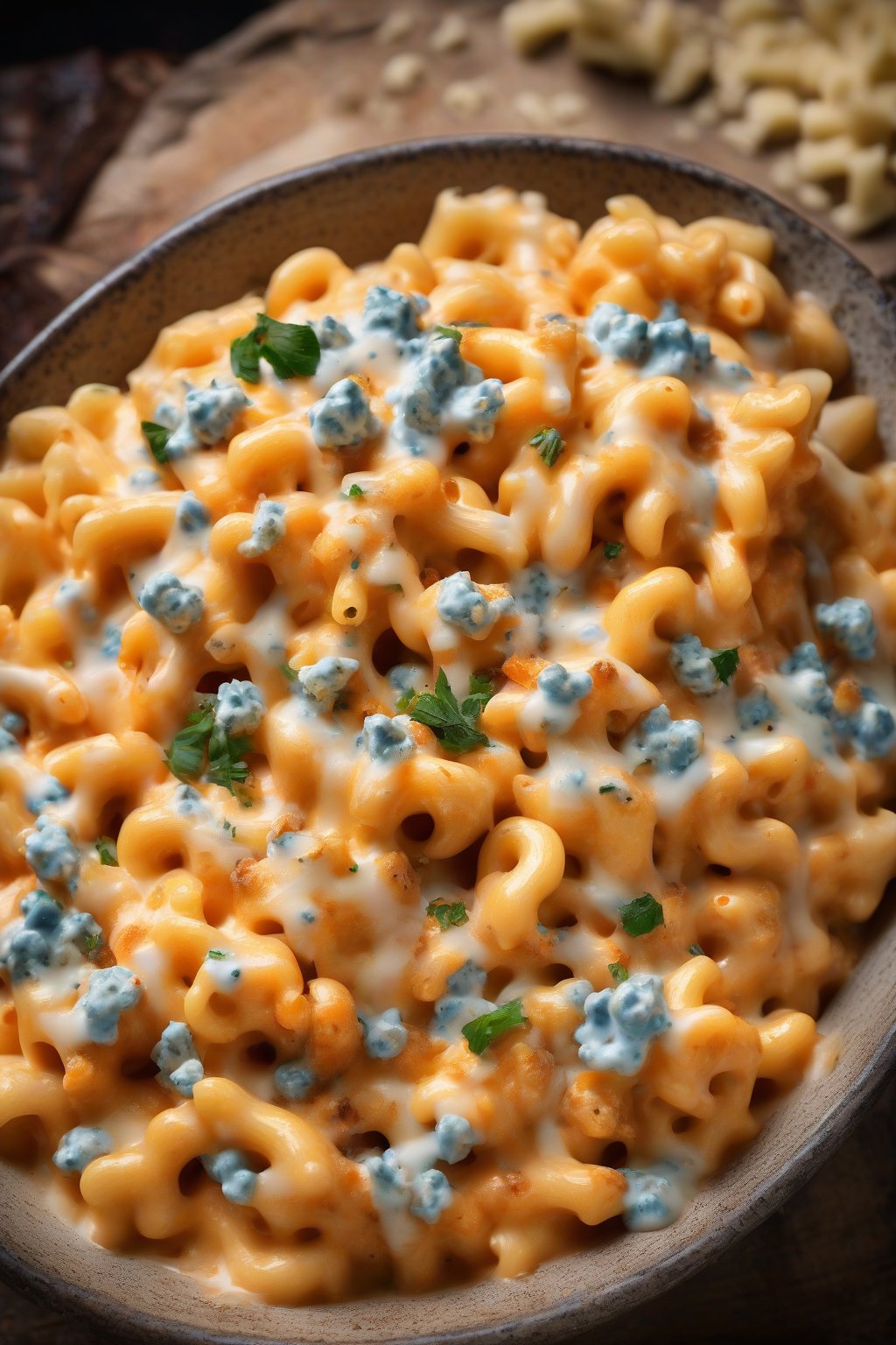 A high-resolution photo of spicy buffalo mac and cheese, vibrant orange with blue cheese crumbles on top, steaming in a rustic bowl under soft lighting.