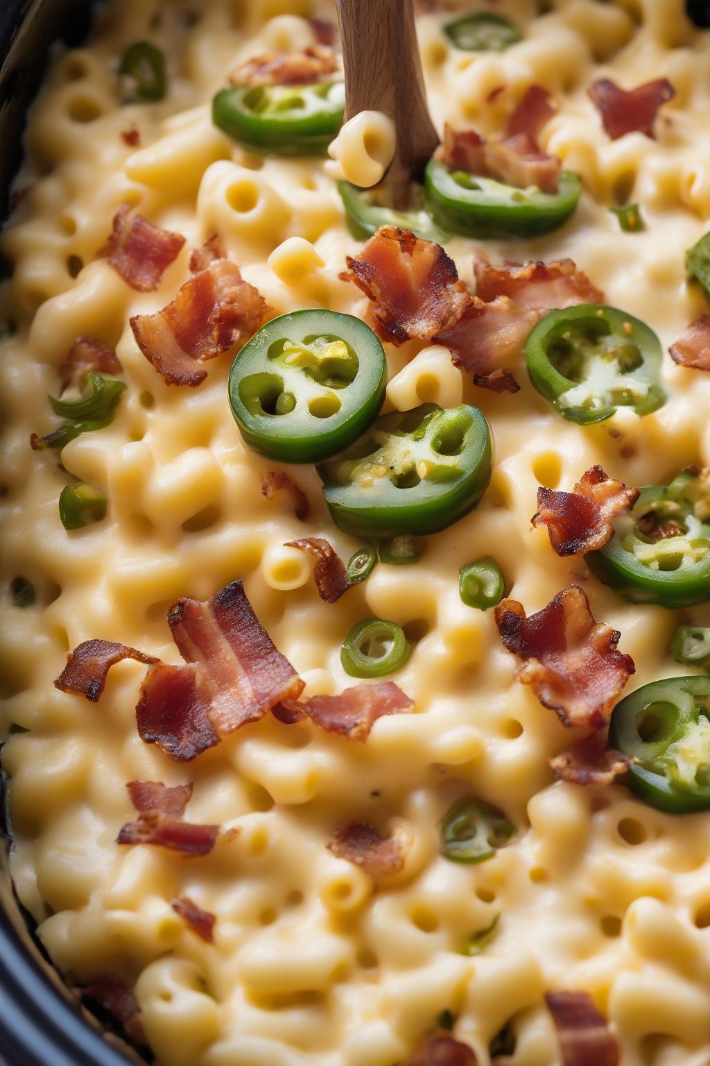 A high-resolution photo of bacon jalapeño mac and cheese, loaded with green jalapeño slices and crispy bacon bits, scooped from the crockpot under soft lighting.