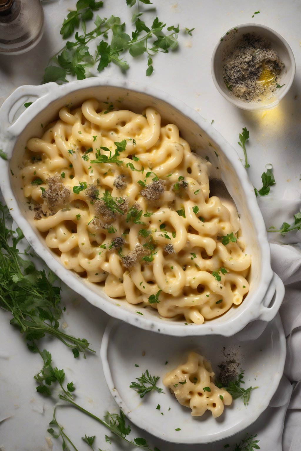 A high-resolution photo of truffle mac and cheese, elegantly plated with a truffle oil drizzle and fresh herbs, glowing under soft lighting.