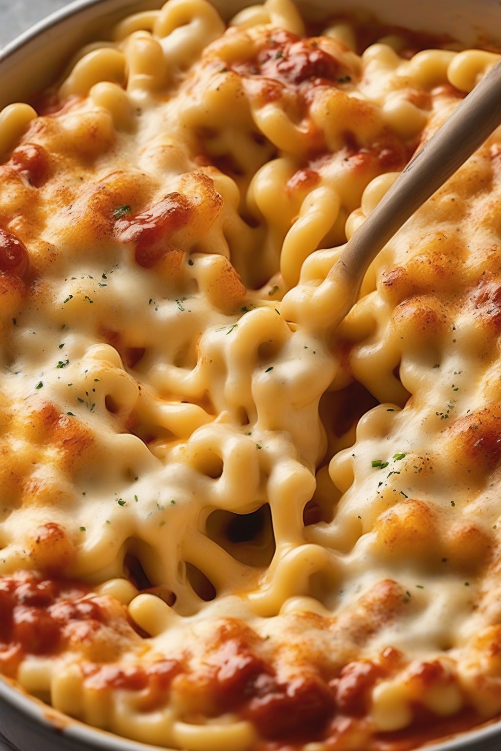 A high-resolution photo of four-cheese Italian mac and cheese, layered with melted cheeses and a red sauce swirl, under soft lighting.