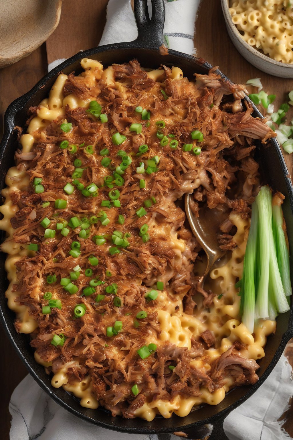 A high-resolution photo of BBQ pulled pork mac and cheese, topped with pork shreds and green onions, in a cast-iron dish under soft lighting.