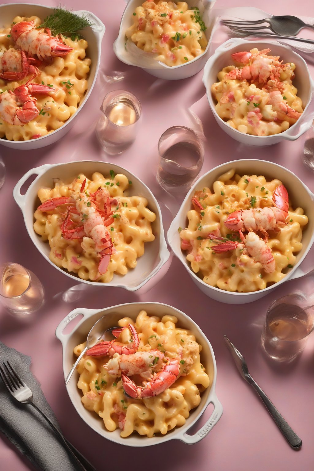 A high-resolution photo of lobster mac and cheese, studded with pink lobster chunks and chives, elegantly presented under soft lighting.