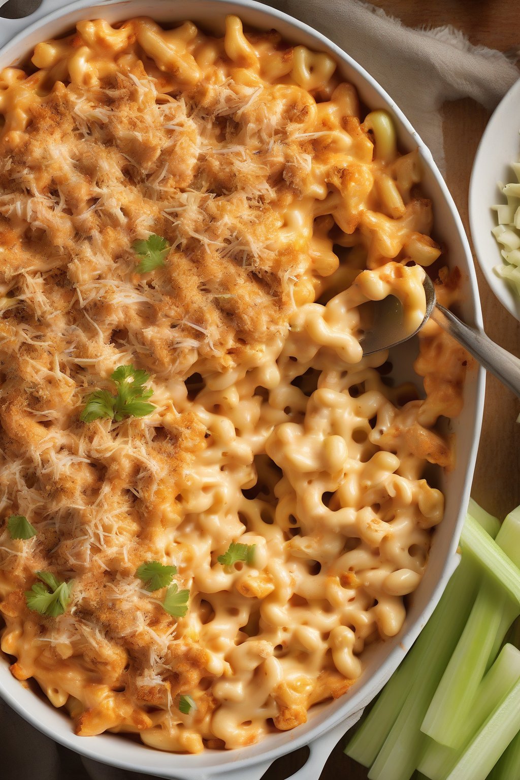 A high-resolution photo of buffalo chicken mac and cheese, with shredded chicken and celery bits, bubbling hot under soft lighting.