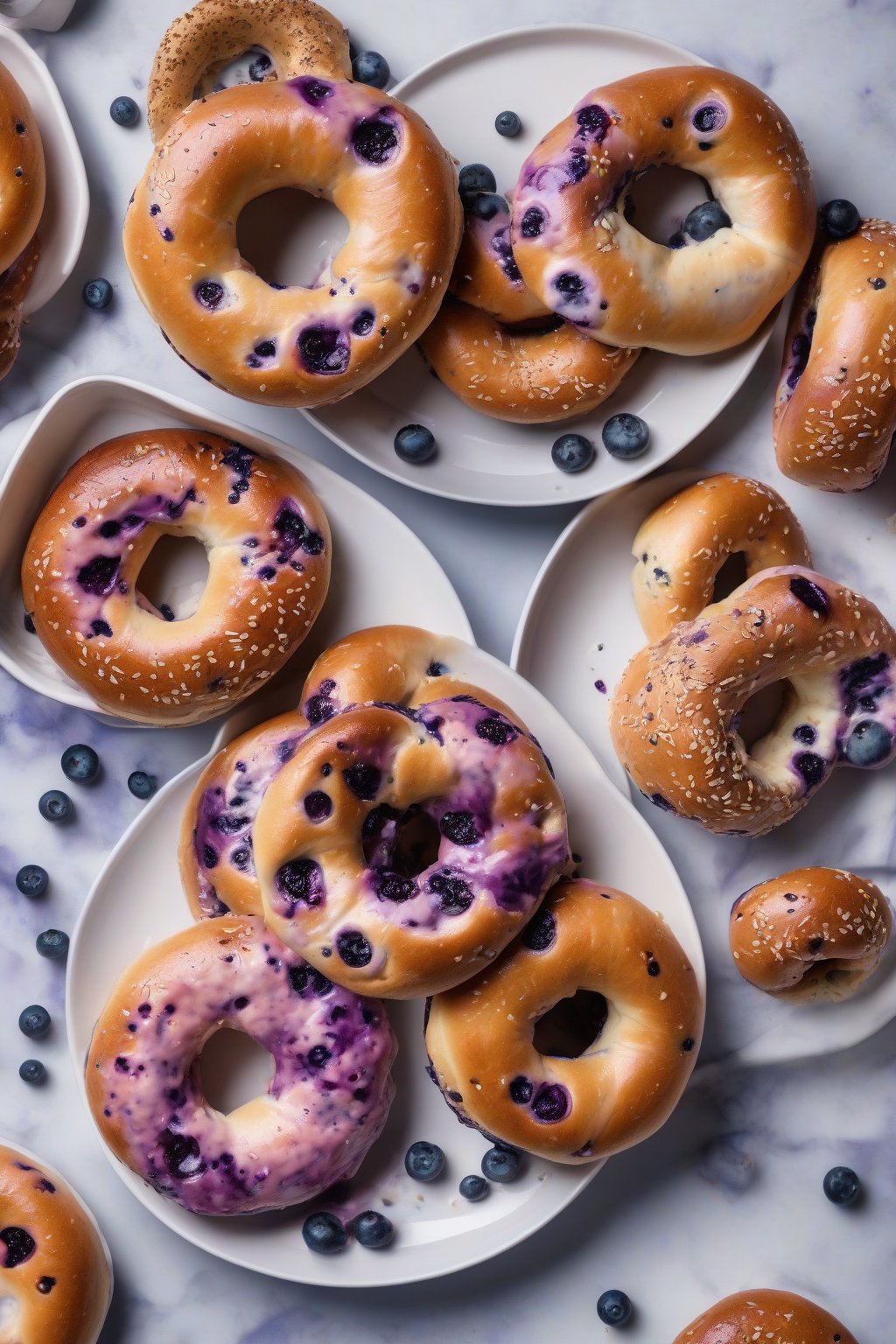 A high-resolution photo of blueberry bagels with purple-speckled interiors on a white plate under soft lighting.