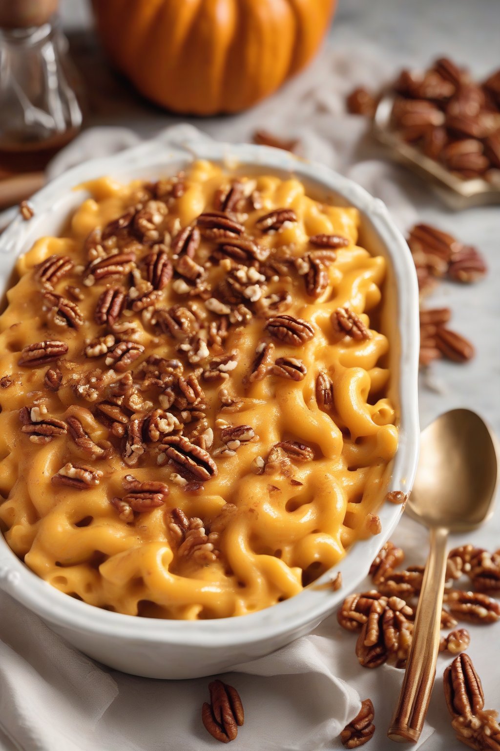A high-resolution photo of pumpkin mac and cheese, swirled orange and golden, topped with pecans under soft lighting.