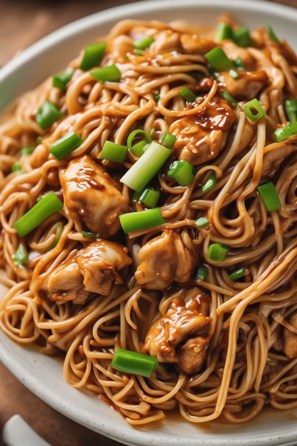 A high-resolution photo of classic chicken saucy lo mein in a white bowl, noodles glistening with glossy sauce, topped with green onions under soft lighting.