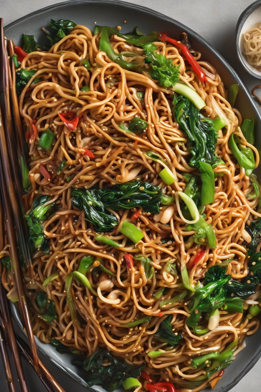 A high-resolution photo of veggie-packed saucy lo mein overflowing a colorful plate, sauce coating fresh greens and noodles under soft lighting.