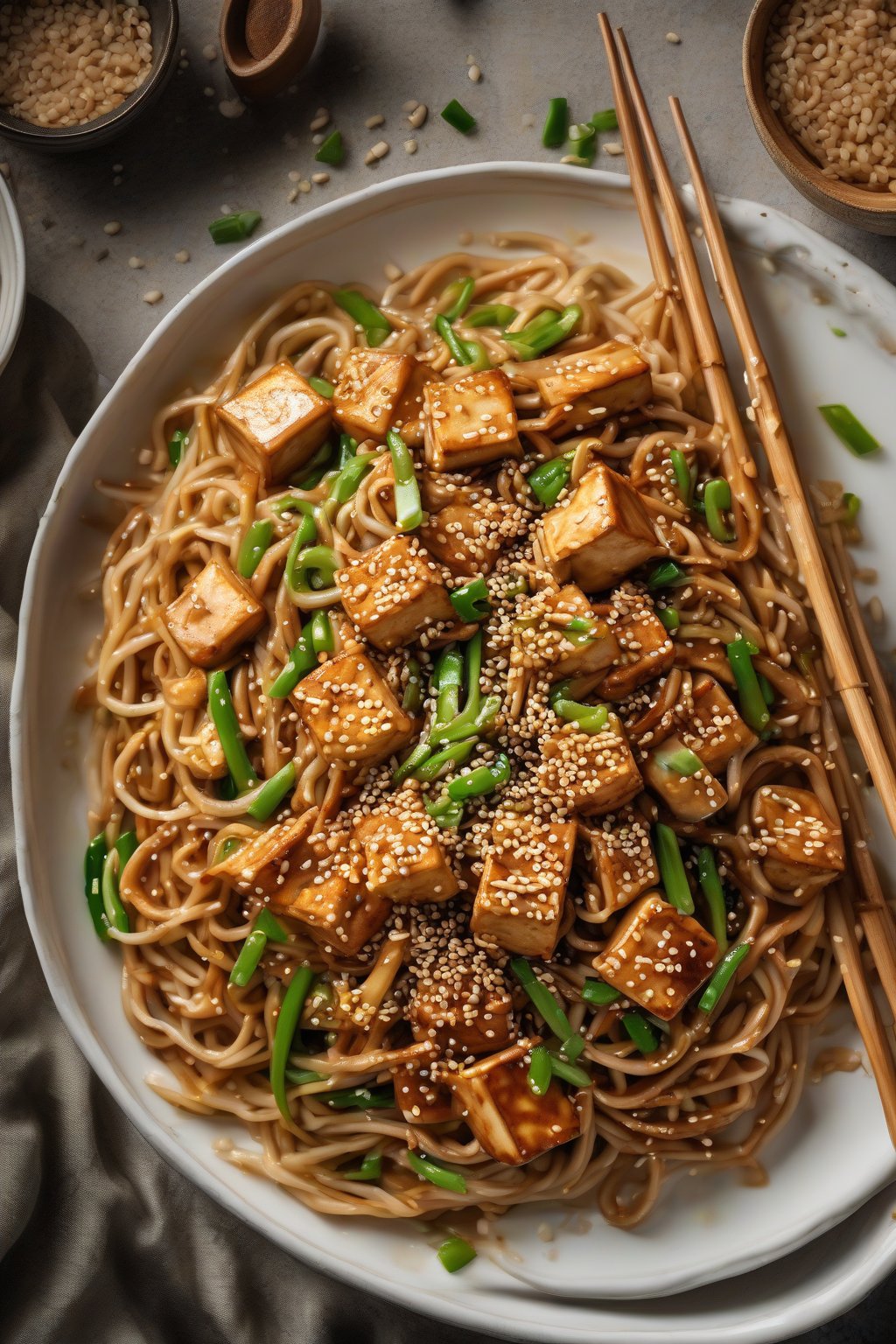 A high-resolution photo of sesame tofu saucy lo mein garnished with sesame seeds in a white dish, tofu glistening amid noodles under soft lighting.