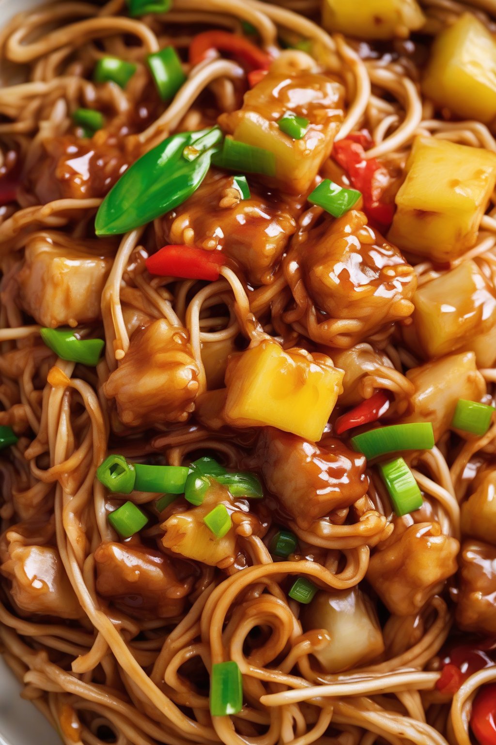 A high-resolution photo of sweet & sour saucy lo mein with pineapple chunks shining through sticky sauce under soft lighting.