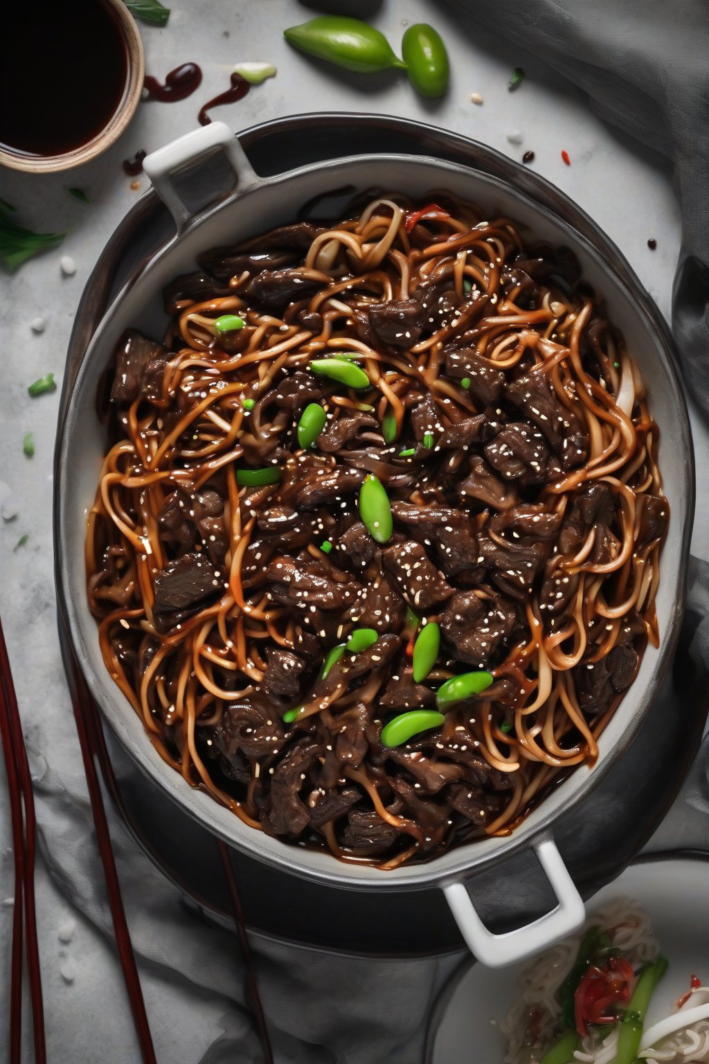 A high-resolution photo of black bean beef saucy lo mein in a deep bowl, dark glossy sauce coating beef and beans under soft lighting.