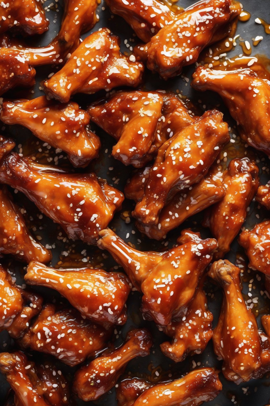 A high-resolution photo of shiny honey-glazed Buffalo wings with a sticky sheen, garnished with sesame seeds under soft lighting.