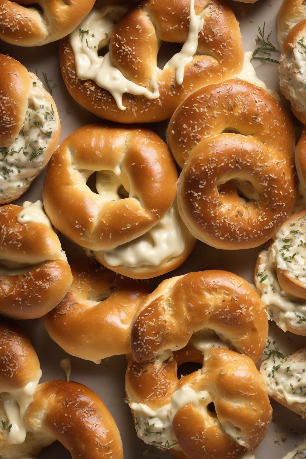 A high-resolution photo of Asiago cheese bagels oozing golden melt under soft lighting.