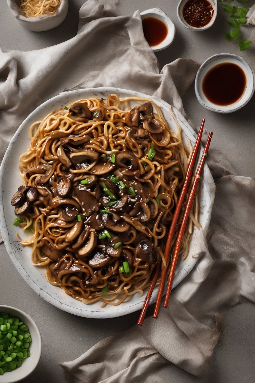 A high-resolution photo of hoisin mushroom saucy lo mein featuring thick mushroom slices in rich sauce under soft lighting.