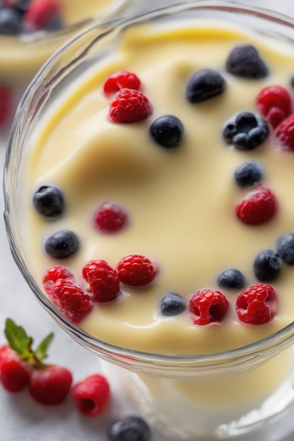 A close-up photo of classic vanilla custard pudding in a glass bowl, topped with fresh berries, under soft lighting.