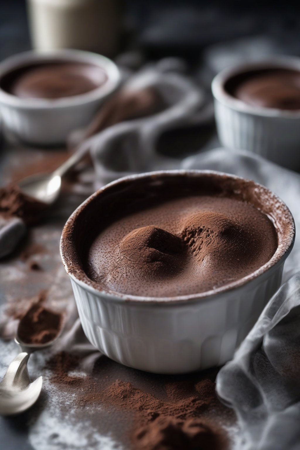 A close-up photo of chocolate custard pudding in elegant ramekins, dusted with cocoa powder, under soft lighting.