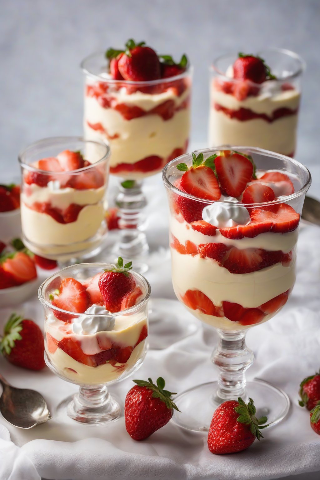 A close-up photo of strawberry custard pudding layered with sliced strawberries, in parfait glasses, under soft lighting.