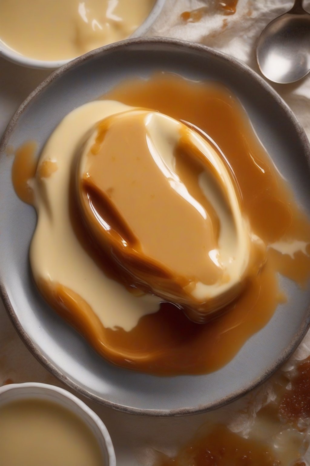 A close-up photo of caramel custard pudding inverted on a plate, sauce pooling around, under soft lighting.