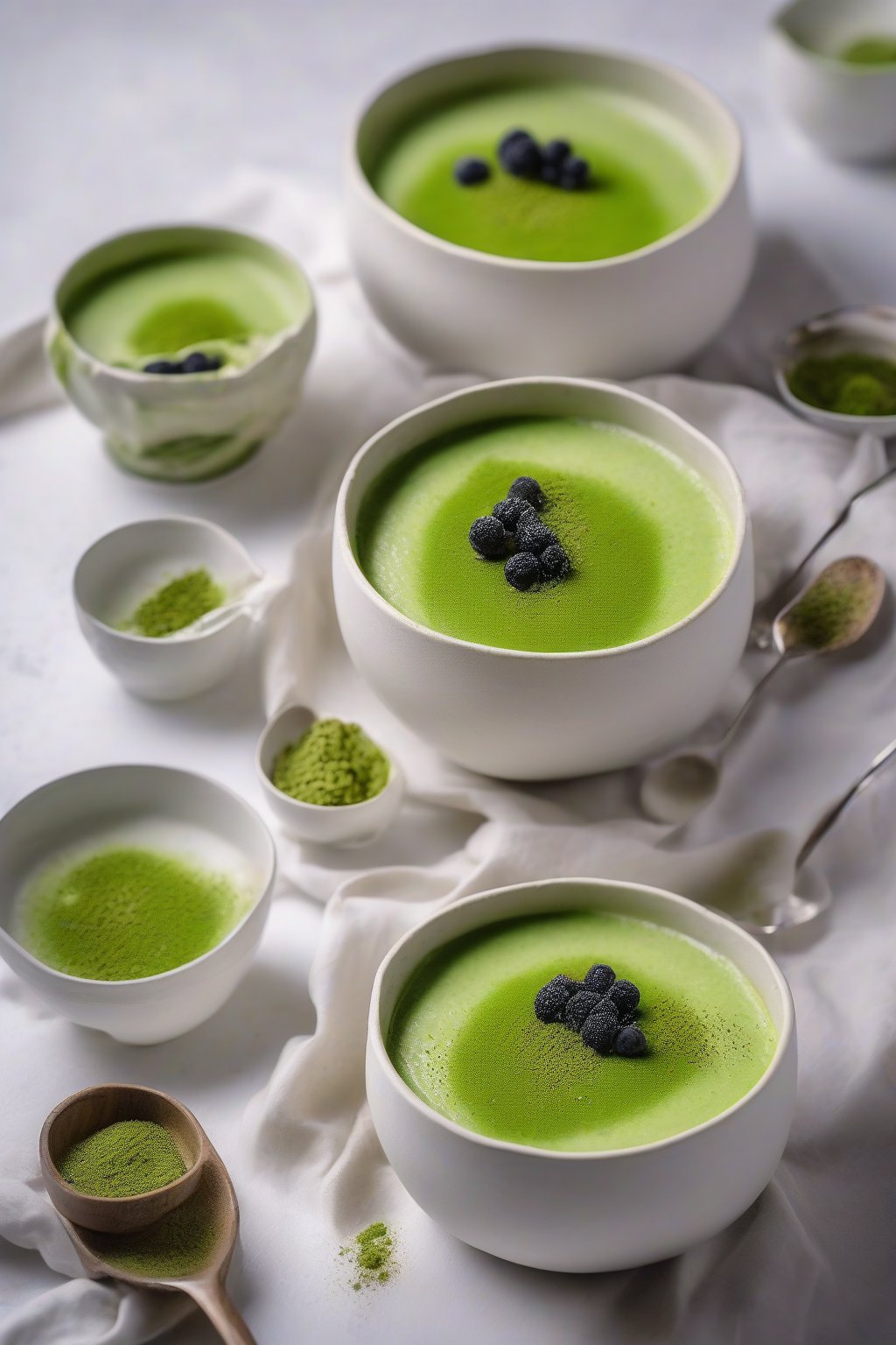 A close-up photo of vibrant green matcha custard pudding in white bowls, garnished with matcha dust, under soft lighting.