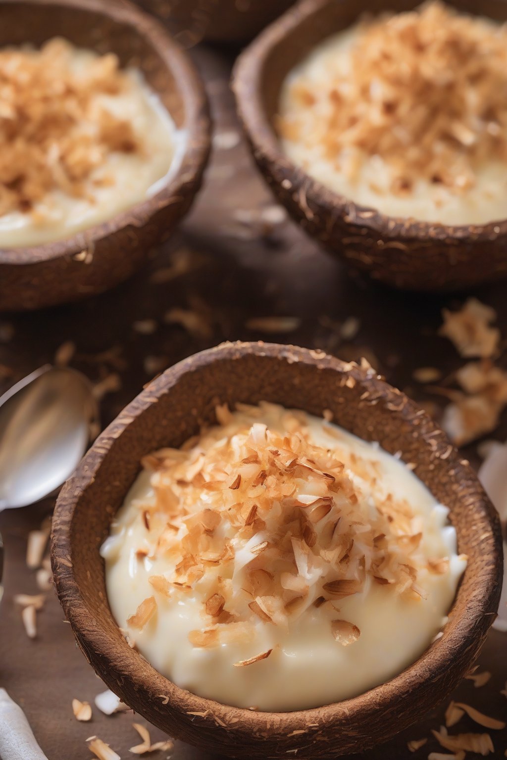 A close-up photo of coconut custard pudding with toasted coconut flakes, in coconut shell bowls, under soft lighting.