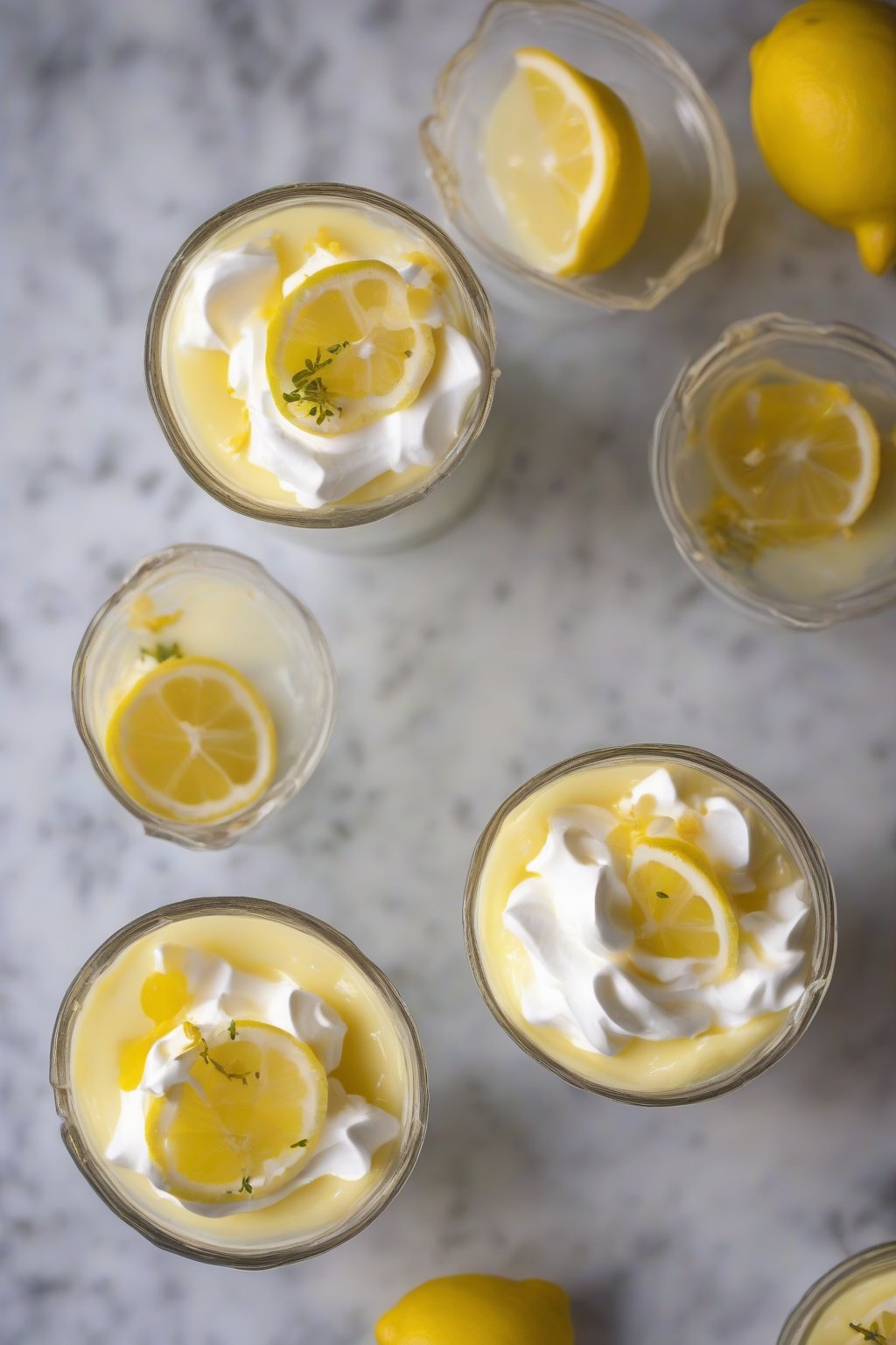 A close-up photo of lemon custard pudding topped with whipped cream and lemon zest, in glass cups, under soft lighting.