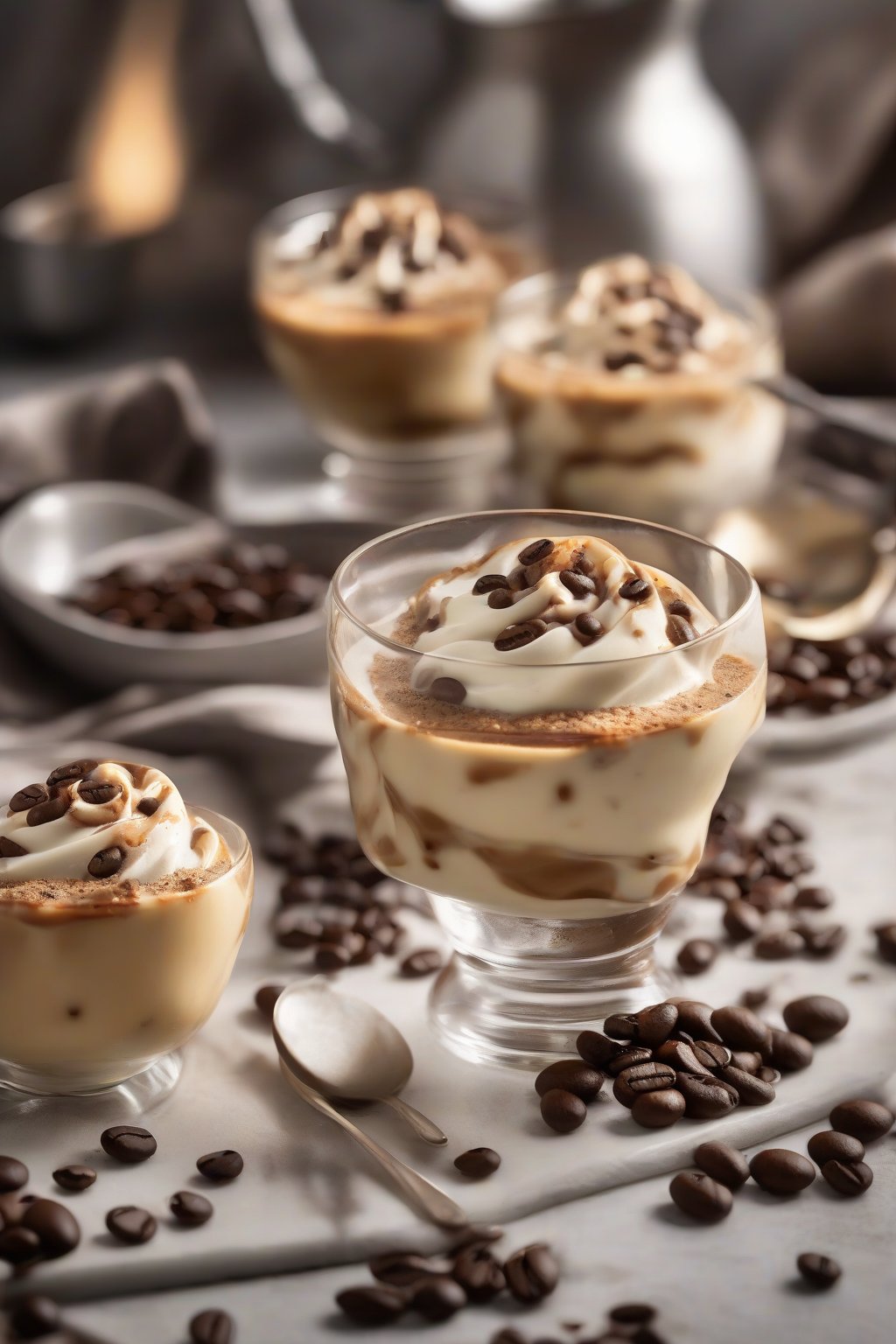 A close-up photo of coffee custard pudding swirled with cream, sprinkled with coffee beans, under soft lighting.