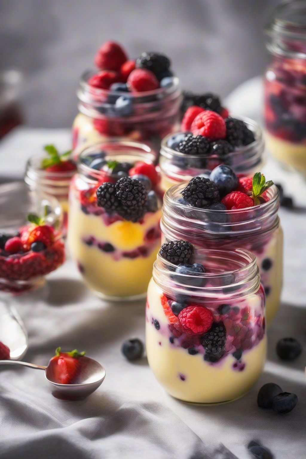 A close-up photo of berry custard pudding with whole berries on top, in clear jars, under soft lighting.