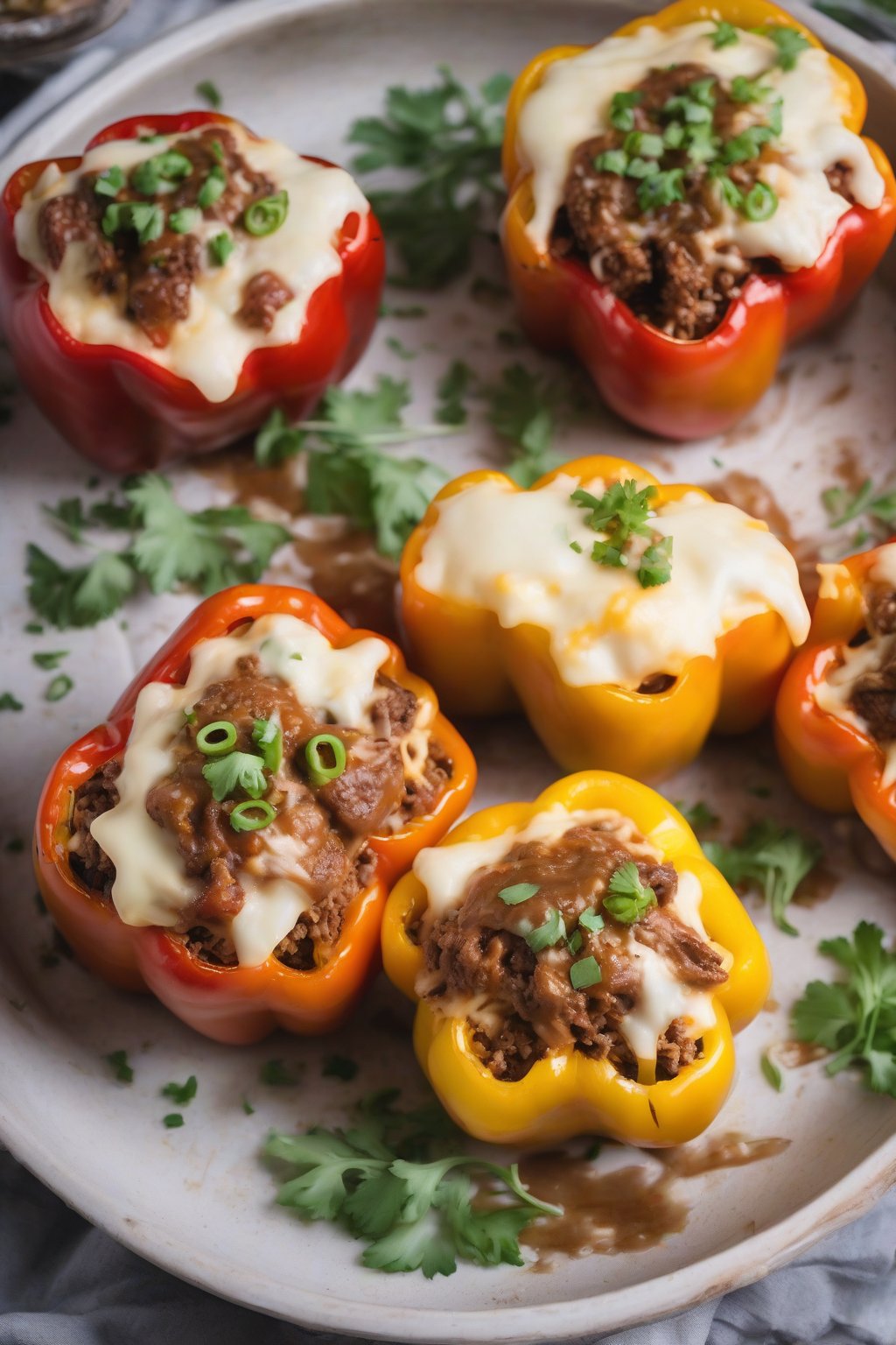 A close-up photo of golden-brown beef and rice stuffed bell peppers topped with melted cheese under soft lighting.