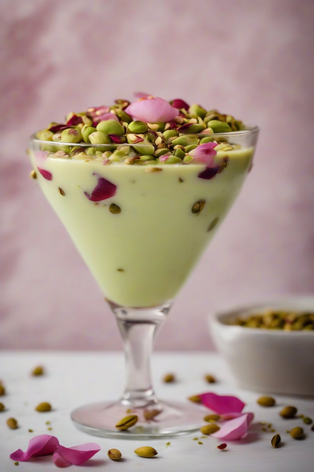 A close-up photo of pistachio custard pudding garnished with chopped pistachios and rose petals, under soft lighting.
