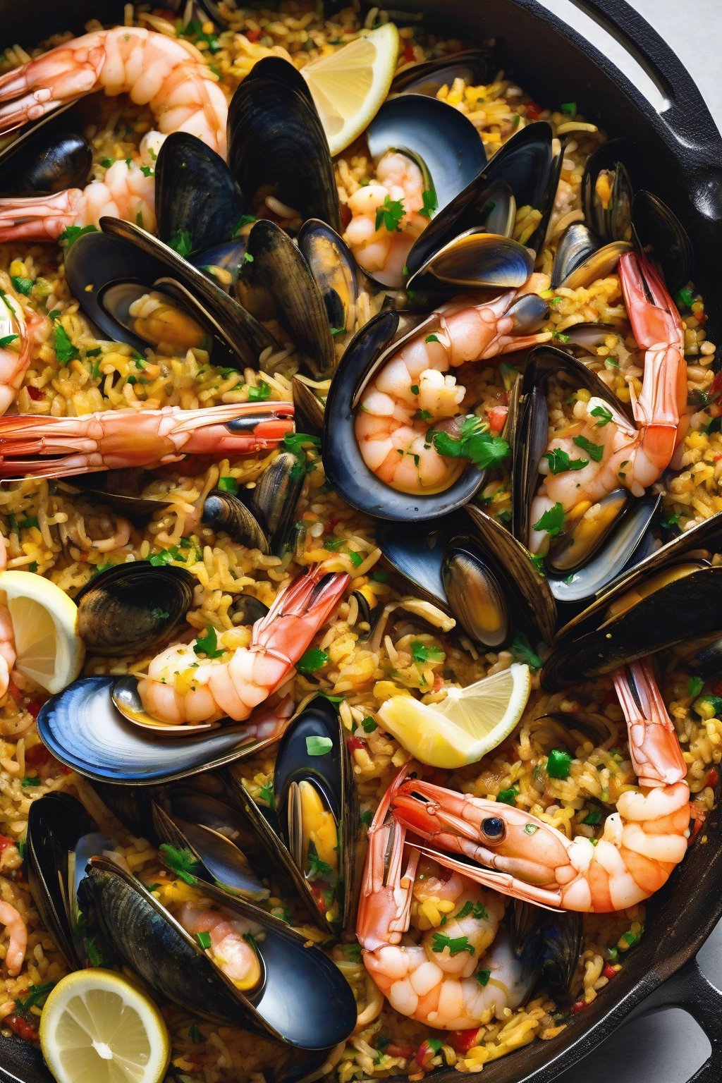 A high-resolution photo of classic shrimp and mussel paella in a wide paella pan, garnished with lemon wedges under soft lighting.