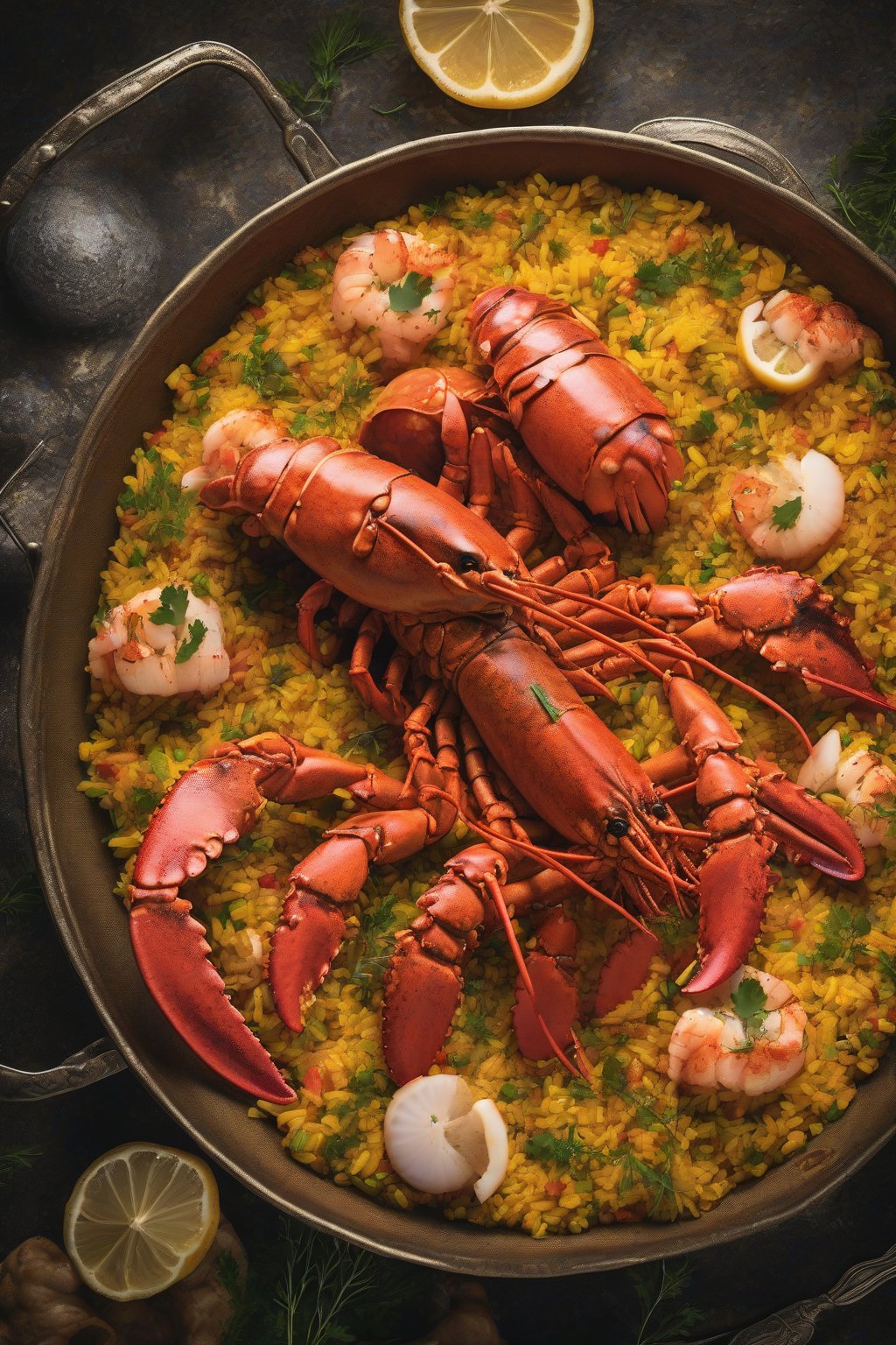 A high-resolution photo of lobster and scallop luxury paella with golden rice and herb garnish under soft lighting.
