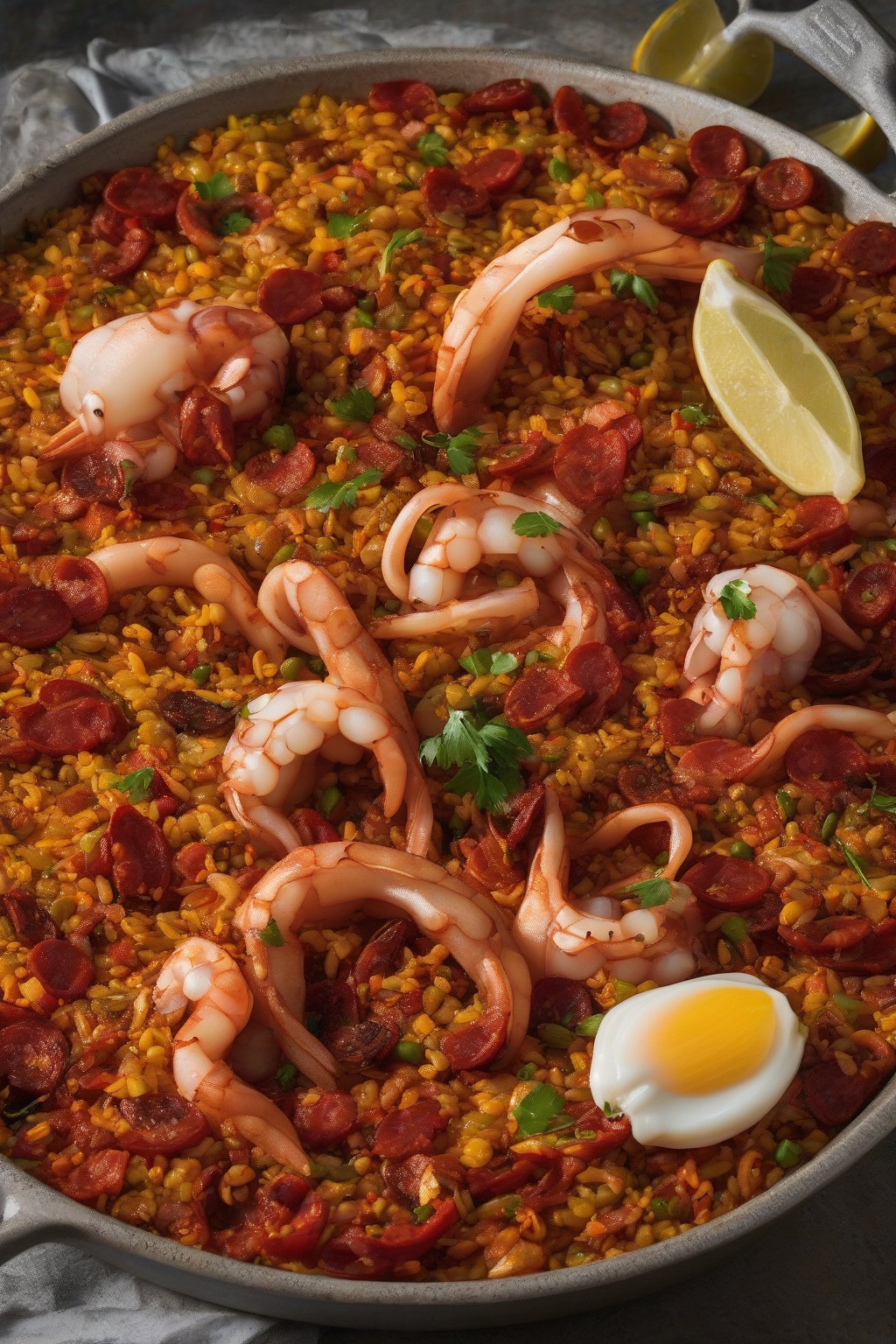 A high-resolution photo of squid and chorizo paella with crispy rice edges under soft lighting.