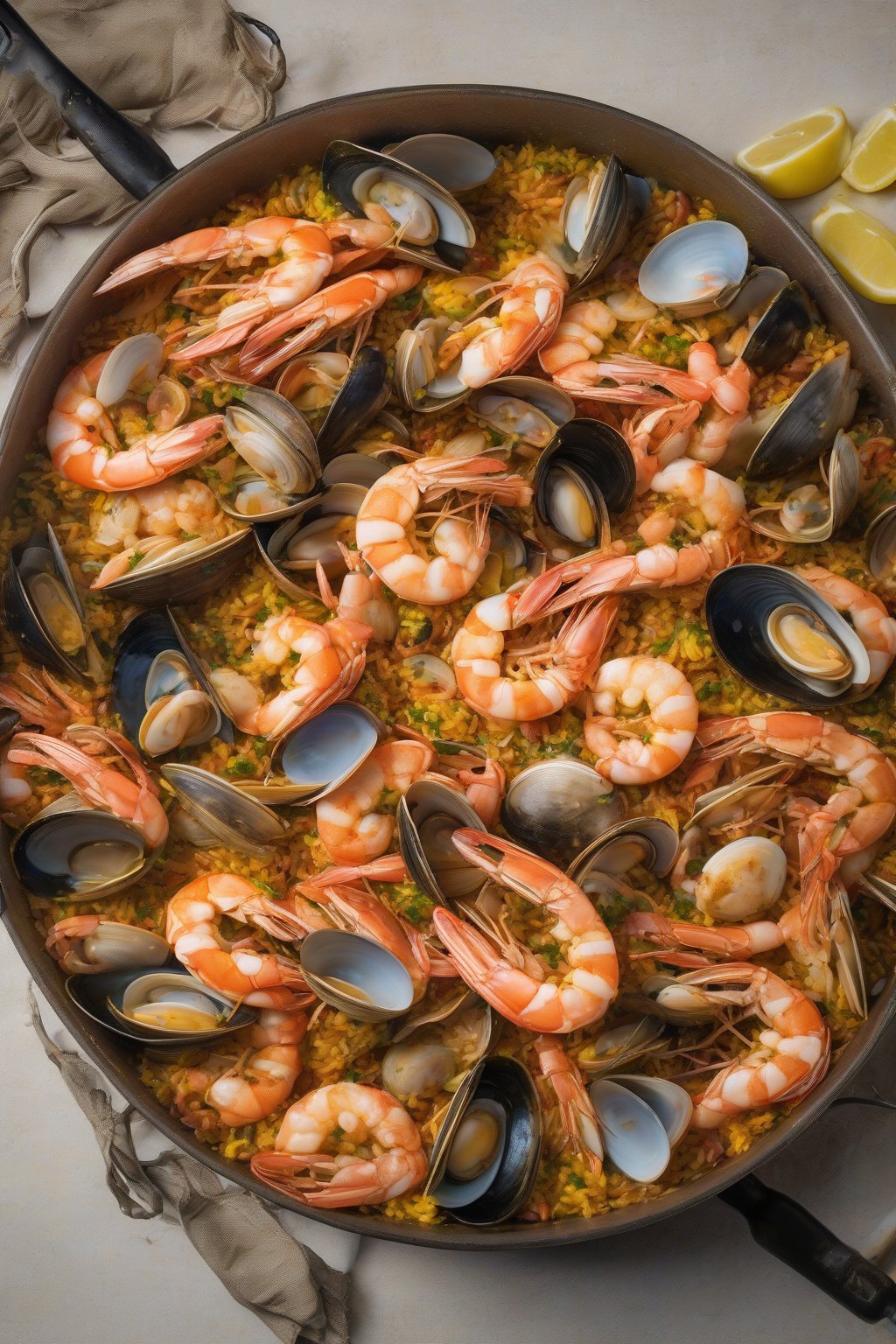 A high-resolution photo of clam and prawn paella steaming with open shells under soft lighting.