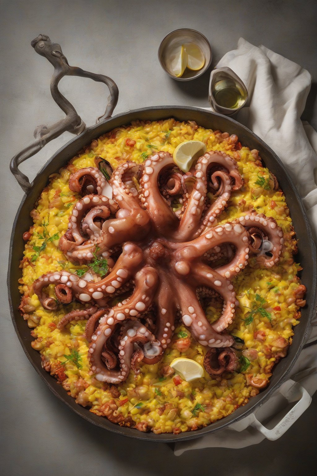 A high-resolution photo of octopus and saffron paella topped with creamy alioli under soft lighting.