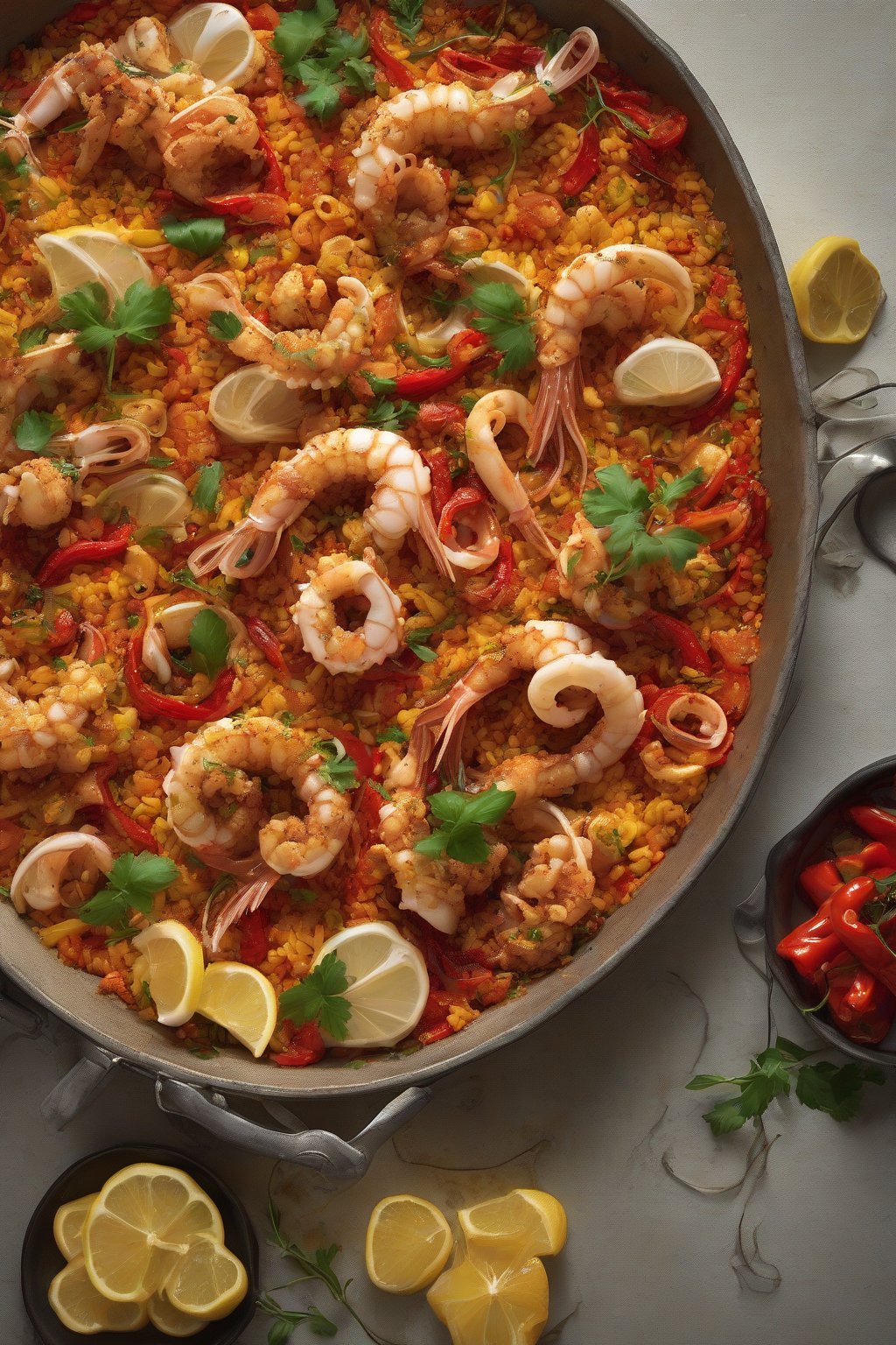 A high-resolution photo of monkfish and calamari paella with roasted peppers under soft lighting.