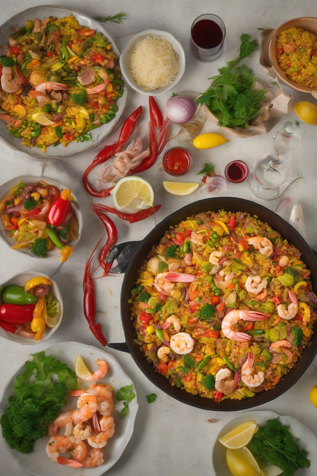 A high-resolution photo of tuna and shrimp paella with colorful veggies under soft lighting.