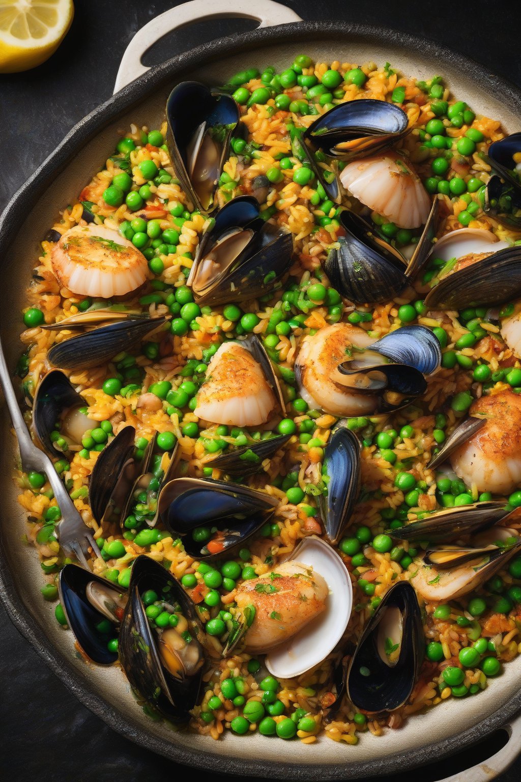 A high-resolution photo of scallop and mussel bomba paella with peas and lemon under soft lighting.