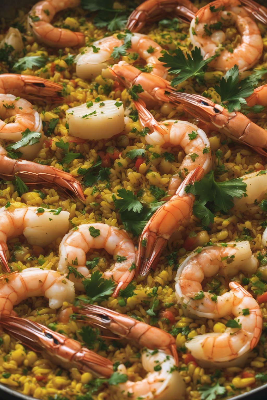 A high-resolution photo of cod and prawn paella garnished with parsley under soft lighting.