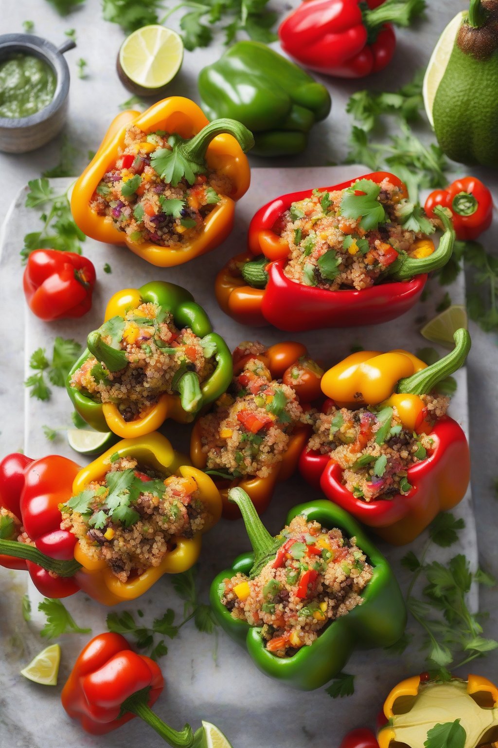 A close-up photo of colorful quinoa-stuffed bell peppers with fresh avocado and cilantro under soft lighting.
