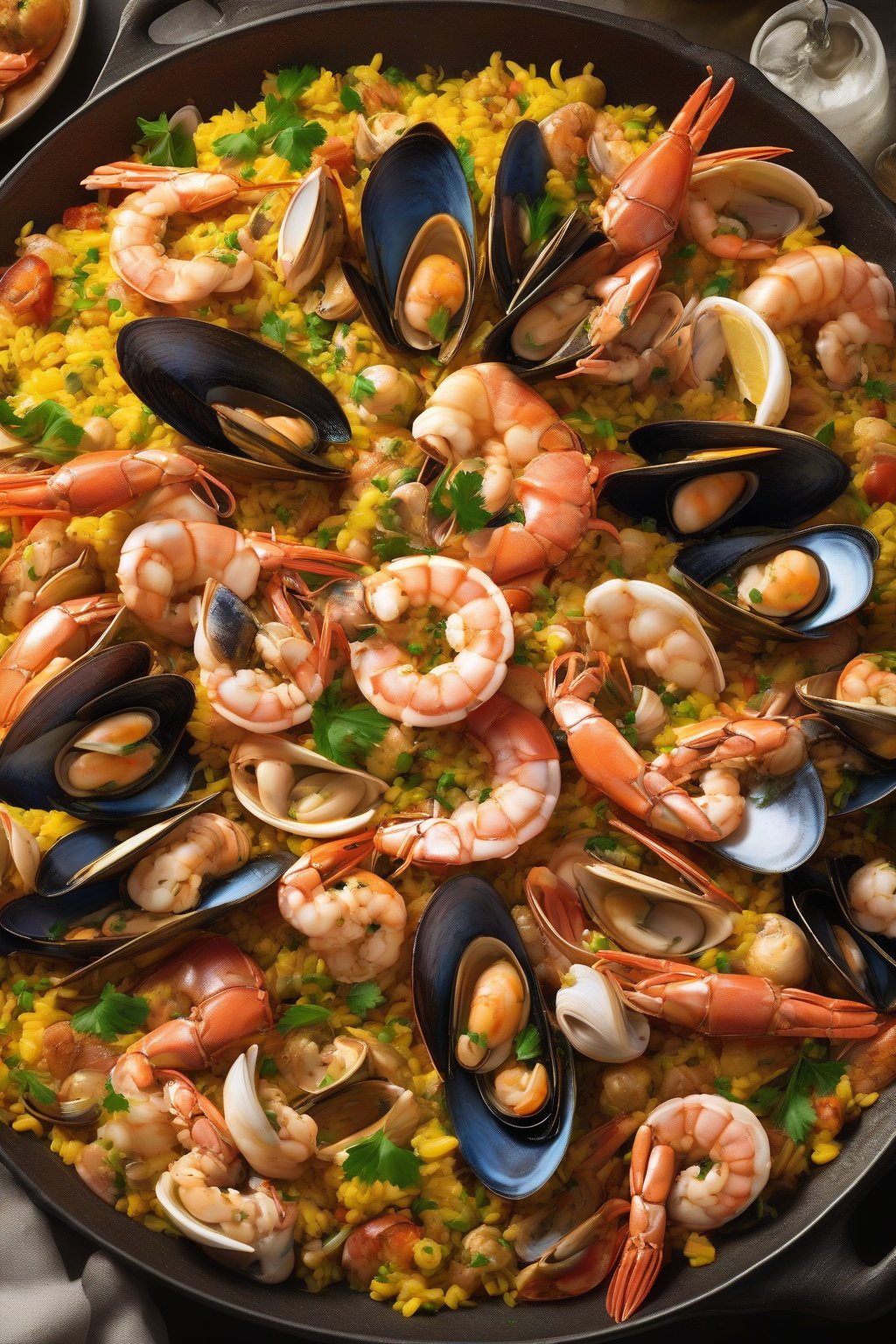 A high-resolution photo of mixed shellfish paella royale overflowing with seafood under soft lighting.