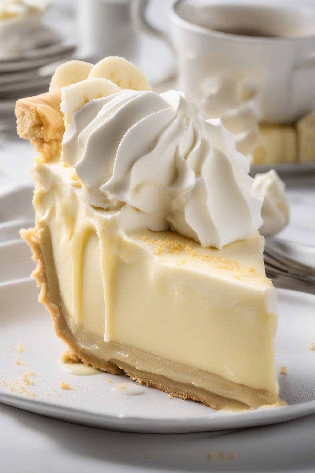 A high-resolution photo of a classic silky banana cream pie slice, revealing layers of custard and banana under soft lighting.