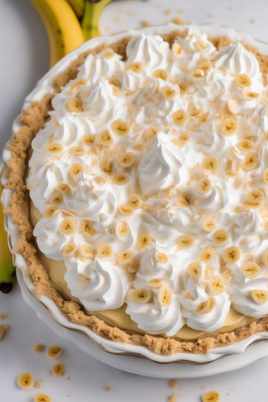 A close-up photo of no-bake silky banana cream pie, topped with fluffy whipped cream under soft lighting.