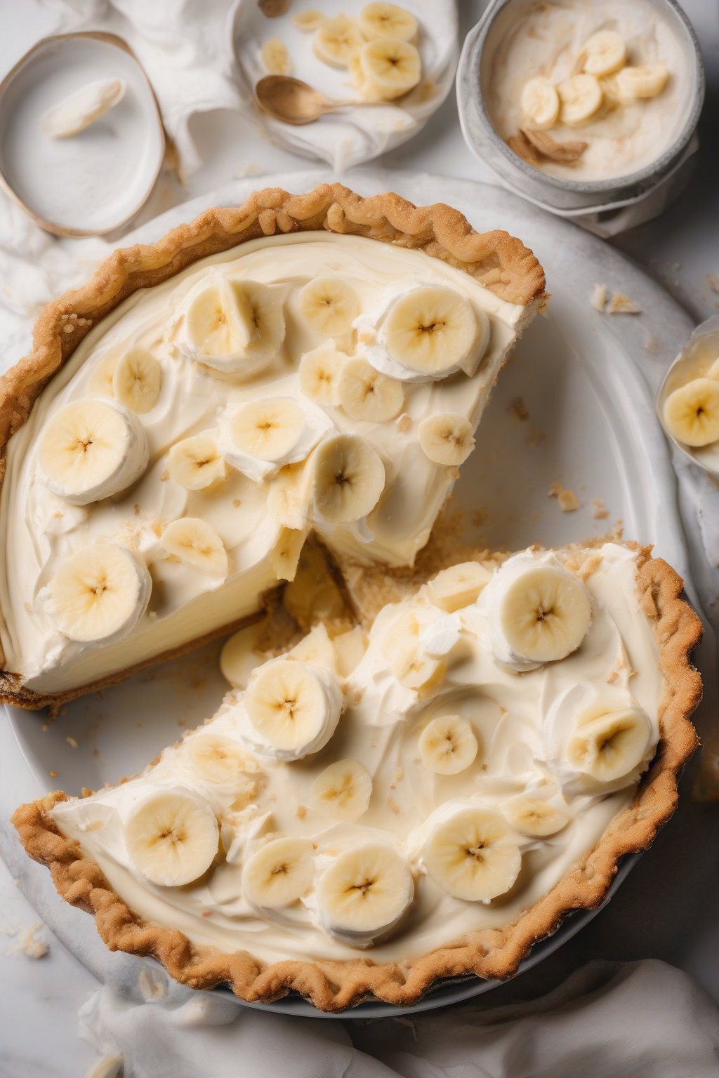 A high-resolution photo of vegan silky banana cream pie, with coconut accents and banana slices under soft lighting.