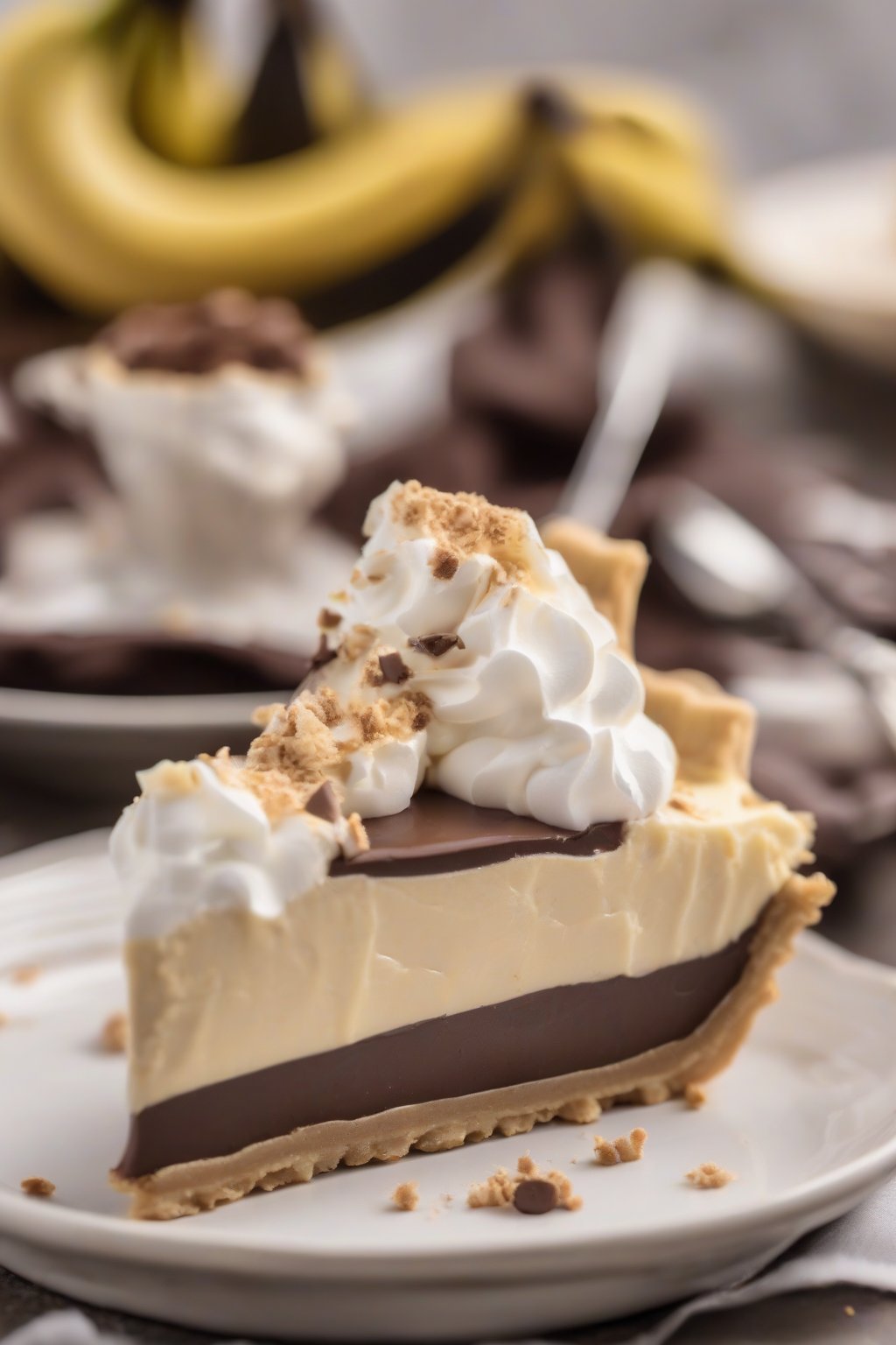 A close-up photo of chocolate banana silky cream pie slice, oozing rich filling under soft lighting.
