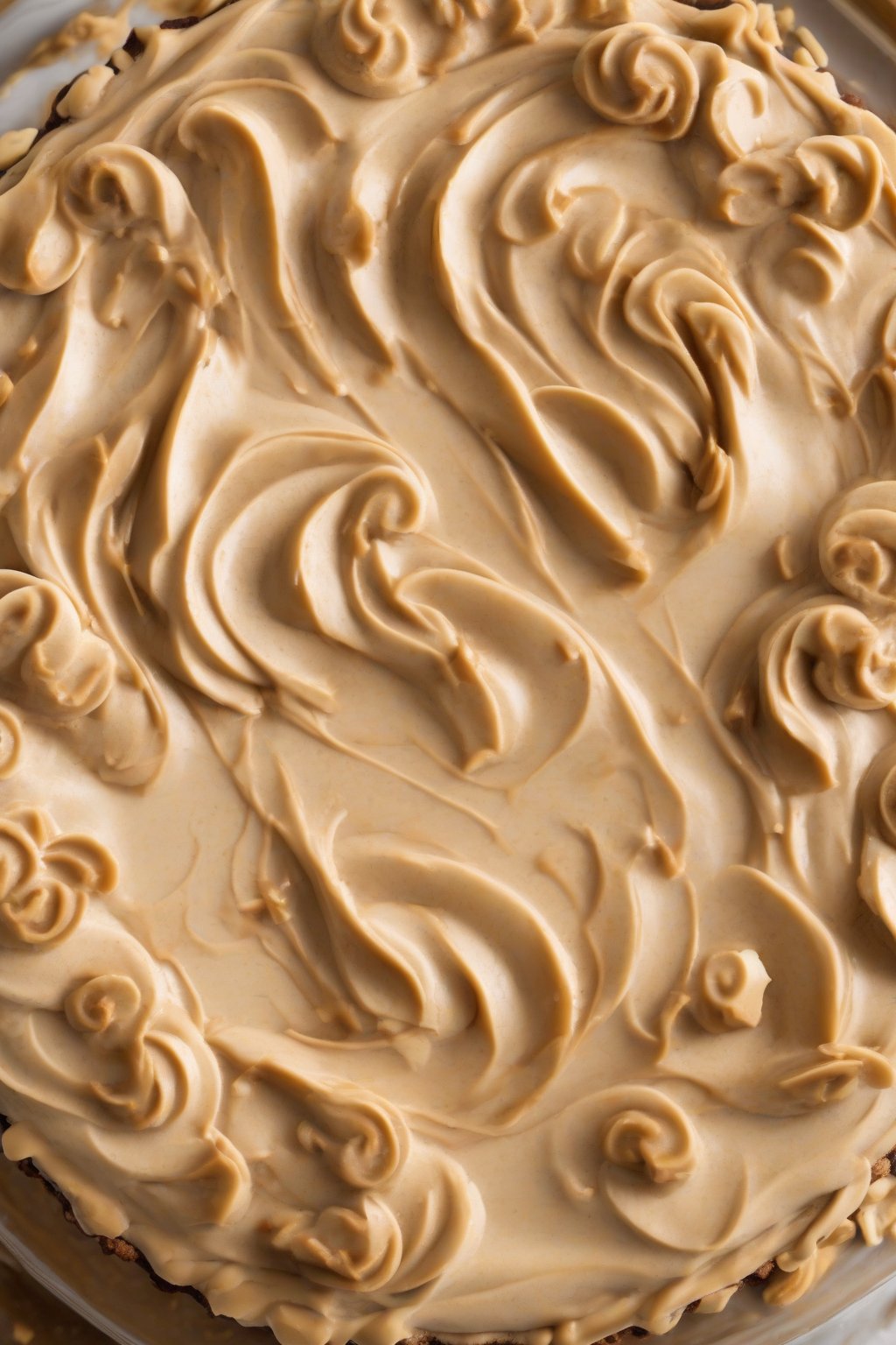 A high-resolution photo of peanut butter banana silky pie, with nutty swirls visible under soft lighting.