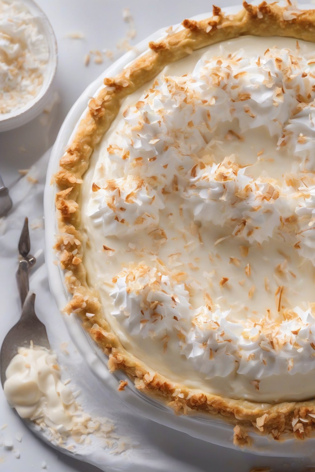A close-up photo of coconut banana silky cream pie, garnished with flakes under soft lighting.