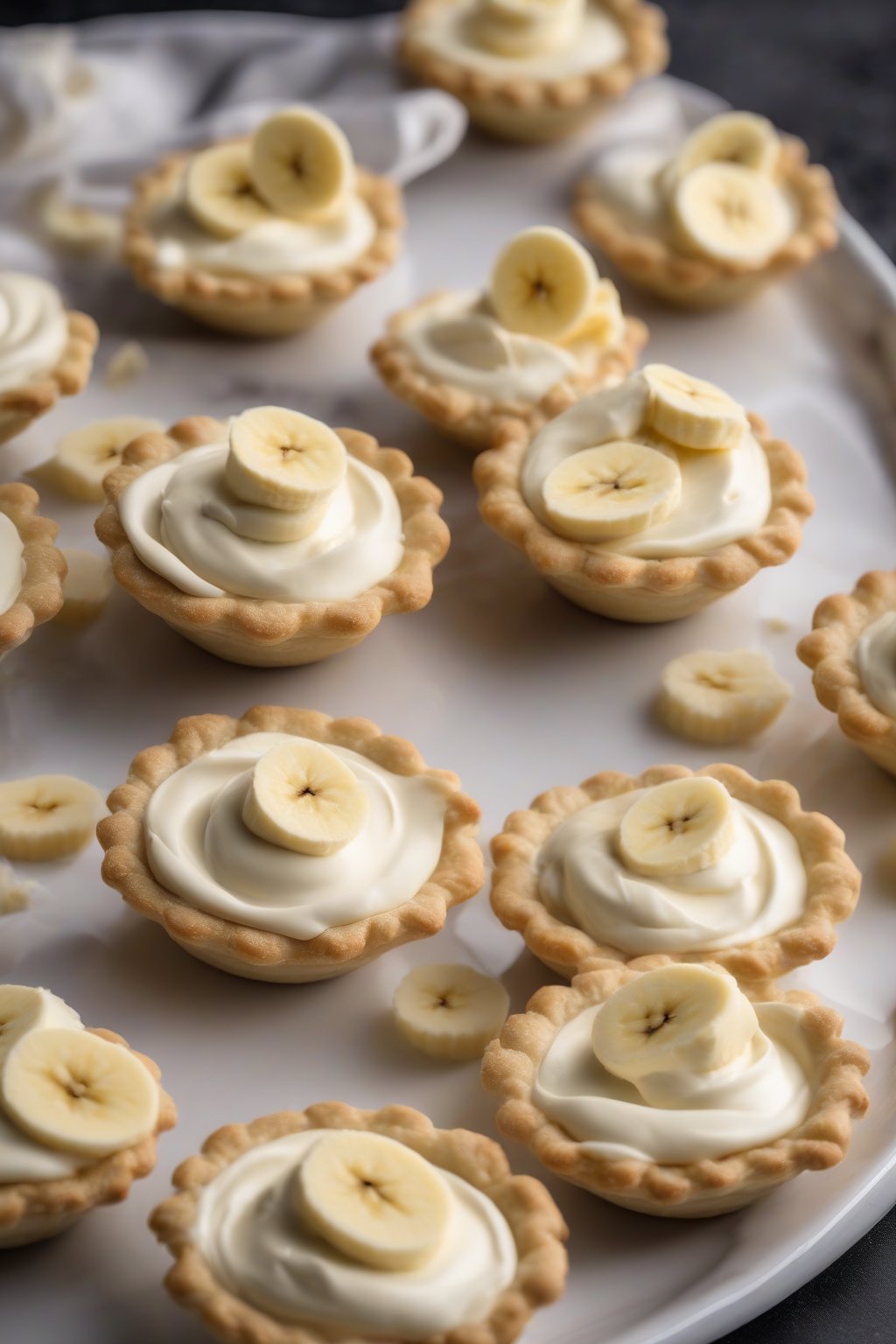 A high-resolution photo of mini silky banana cream pies on a platter under soft lighting.
