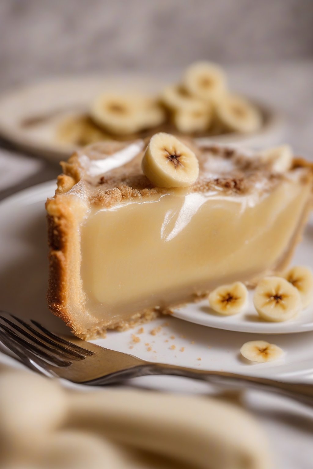A close-up photo of rum-infused silky banana pie slice, with caramelized top under soft lighting.