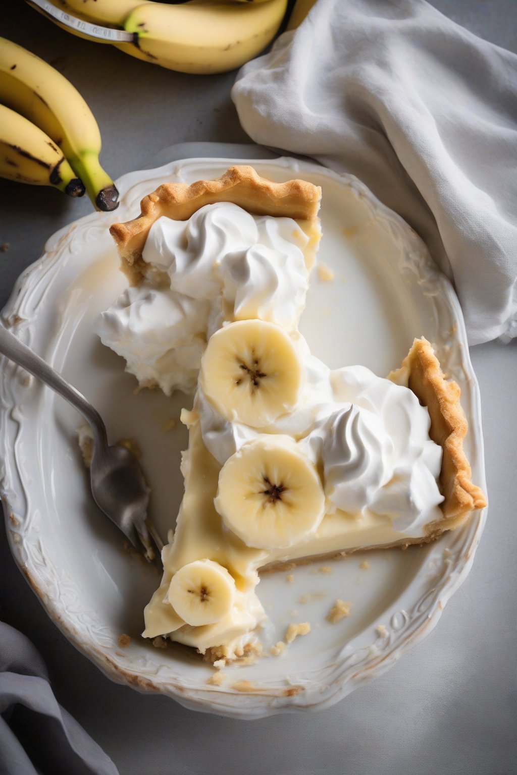 A high-resolution photo of Greek yogurt silky banana pie, creamy layers showing under soft lighting.