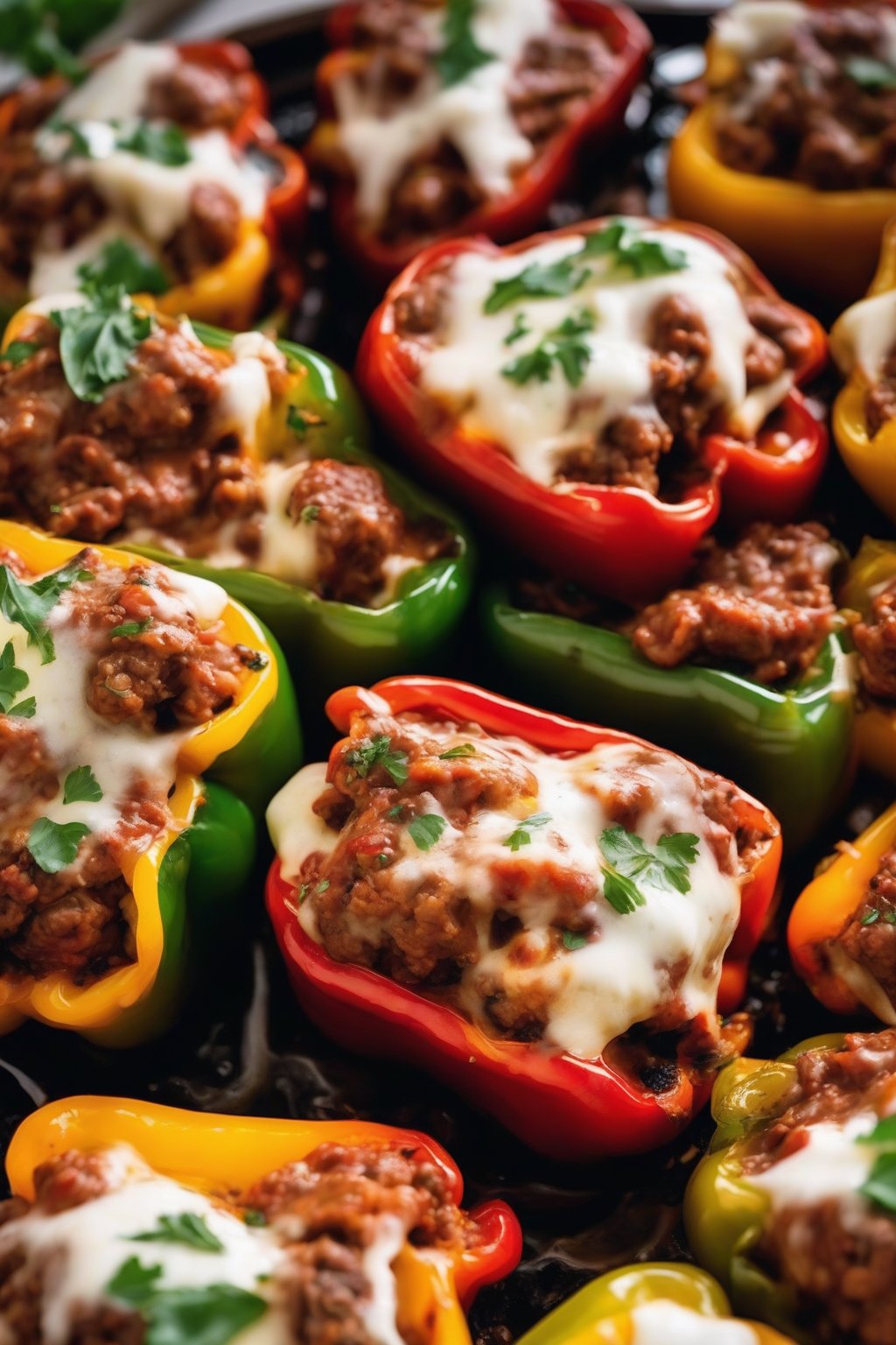 A close-up photo of bubbly Italian sausage stuffed peppers oozing with melted mozzarella under soft lighting.